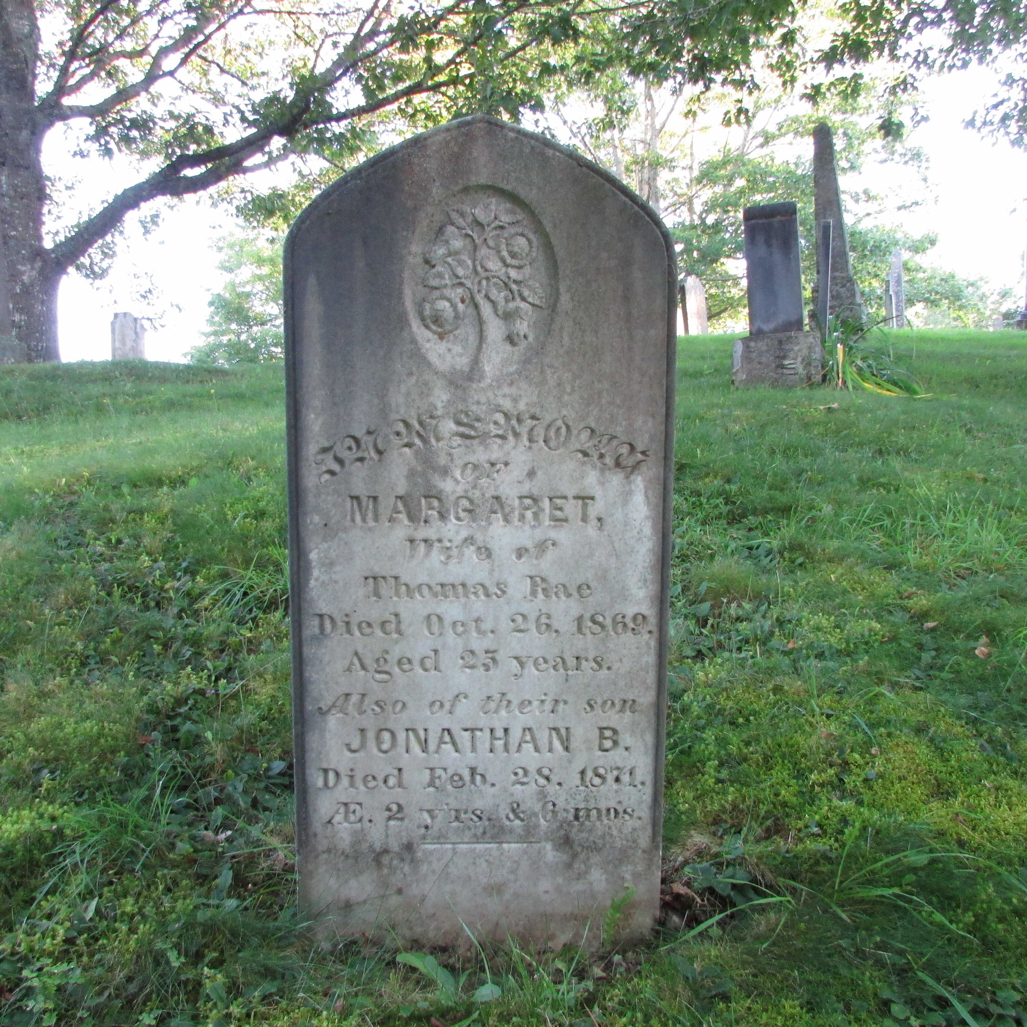 Photo of headstones/Margaret Rae nee McLennan d1869 hdstn StJohns ScotsburnNS